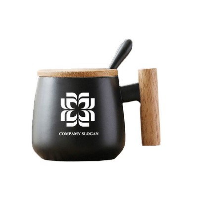 15oz Wood Handle Ceramic Coffee Mug with Bamboo Lid and Spoon