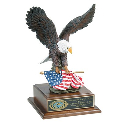 20" Perched Eagle w/ Flag in Claw on Wood Stand