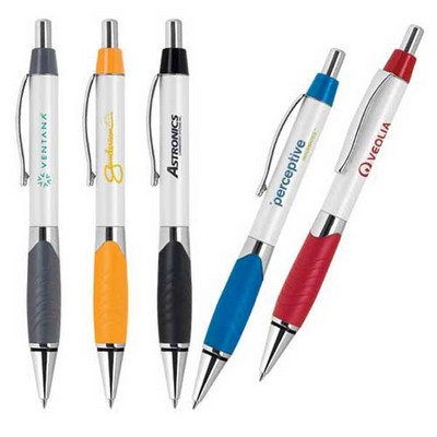 Click Action Aluminum Ballpoint Pen w/ Pearl White Barrel & Rubber Grip