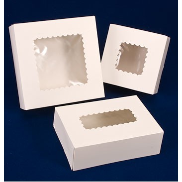 Windowed White Cake Bakery Box w/Glued 4 Corner Beers (8"x8"x4")