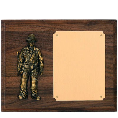 Walnut Finish Plaque w/Mounted Antique Brass Firefighter & Brass Engraving Plate (8"x 10")