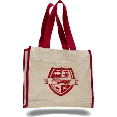 Natural Canvas Tote with Front Pocket & Red Handles (Printed)