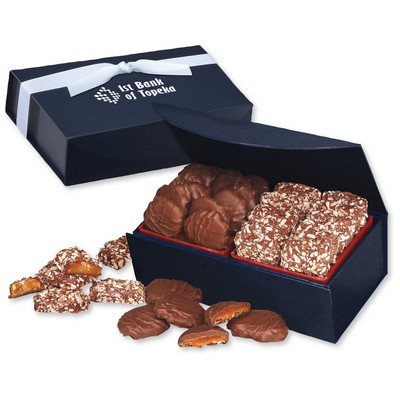 Navy Magnetic Closure Box w/English Butter Toffee & Caramel Pecan Clusters