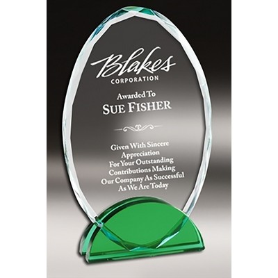 Crystal Oval Plaque with Green Double Arc Base Series, Large (5"x 8"H)