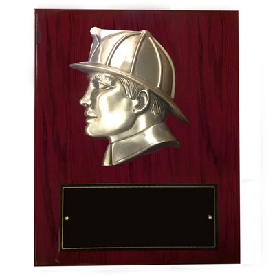 Fireman Head on Piano Finish Cherry Board Plaque (8" x 10")