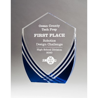 Shield Series Clear Acrylic Award w/ Polished Score Lines and Blue Metallic Accent 7 3/8 x 9 1/2