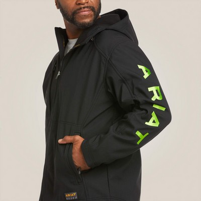 Rebar® Stretch Canvas Softshell Hooded Black & Lime Green Logo Jacket