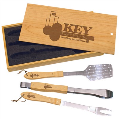 3-Piece BBQ Set w/Wooden Pine Box