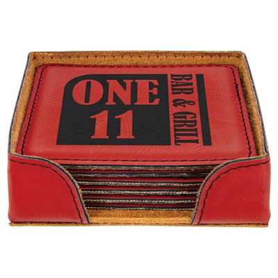 4" Square Red 6-Coaster Set with Holder, Laserable Leatherette