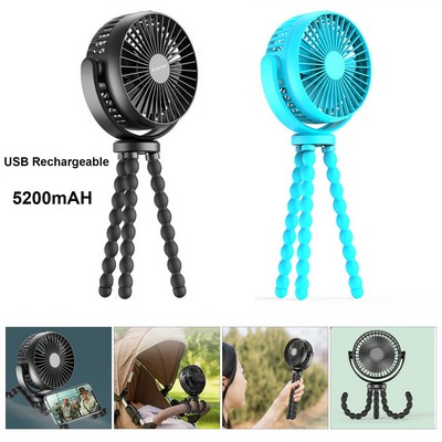 Mini Octopus Fan, USB Charging Portable Fans, 6inch Quiet Desk Fan Black, 3 Speeds Strong Airflow