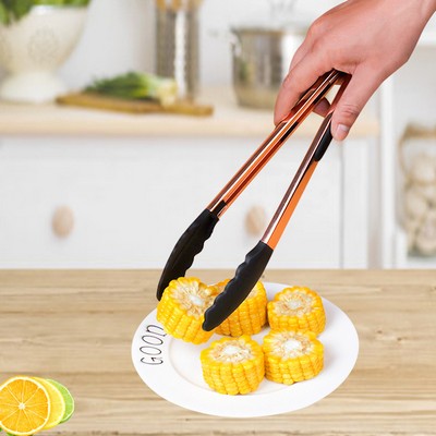 10.6'' Stainless Steel Food Tongs w/Silicone Locking Clip Barbeque Kitchen Tongs (Round Hole)