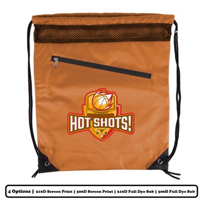 Mesh-Top Polyester Drawstring Bag w/ Slant-Zip Pocket w/ Custom Logo