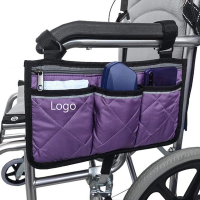 Wheelchair Side Organizer Storage Bag Armrest Pouch with Cup Holder and Reflective Stripe