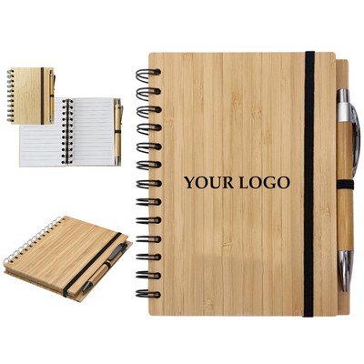 Spiral Notepad Wood Journal Bamboo Cover Notebook With Pen