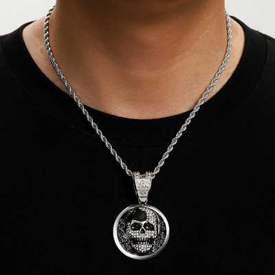 Silver Rope Chain Silver Skull Pendant Necklace Diamond Studded Necklace