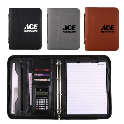 Multifunction PU Leather Business Portfolio with 4 Ring Binder and Calculator