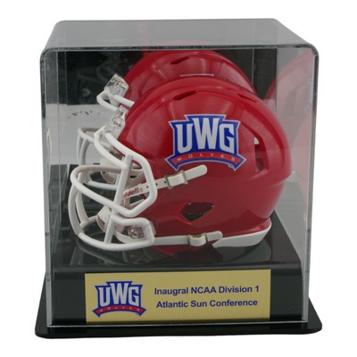 Mini helmet display case with black base and mirror back