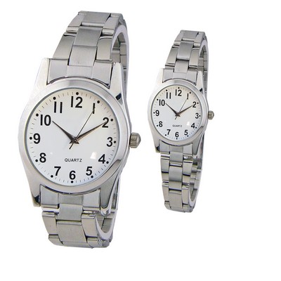 Men's & Ladies Silver Tone Metal Watch w/ Clear Numbered Face