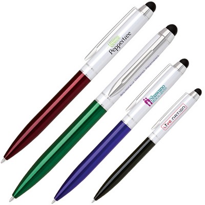 Aluminum Constructed Twist Action Ballpoint Pen w/ Pearl White Cap & Stylus