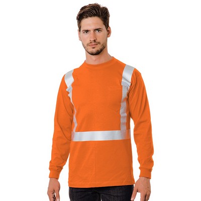 Bayside® Hi-Visibility 50/50 Solid Striping Long Sleeve Tee Shirt w/Pocket