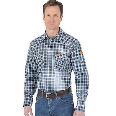 Wrangler® Men's Navy Blue Plaid Western Flame Resistant Work Shirt