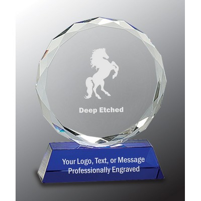 6" Round Facet Crystal Award on Blue Pedestal Base