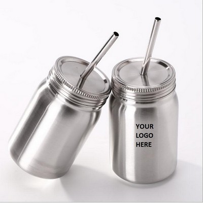 Stainless Steel Mason Jar with Straw 16 oz