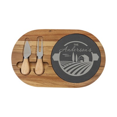 12½" x 7¾" Acacia Wood/Slate Oval Cheese Set w/ Two Tools