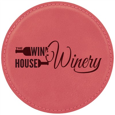 4" Round Pink Leatherette Coaster