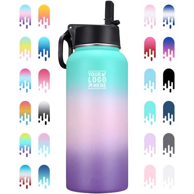 Insulated Water Bottle with New Wide Handle Straw Lid, Wide Mouth Vacuum Insulated 18/8 Stainle