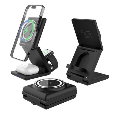 3in1 Magnetic 15W Collapsible Phone Stand Watch Earphone Charging Station