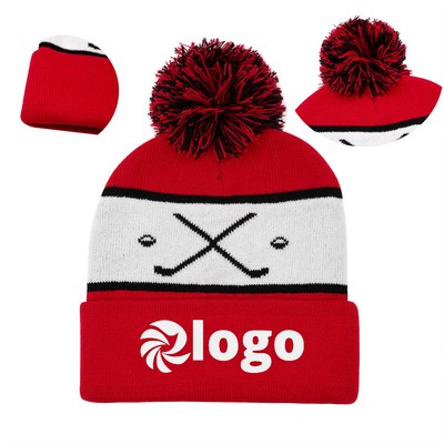 Custom Jacquard Knitted Pom Beanie Hat MOQ 50pcs