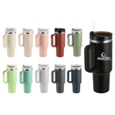 40 Oz Stainless Steel Travel Mug With Handle & Straw