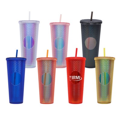 24 Oz Studded Plastic Tumbler w/Straw