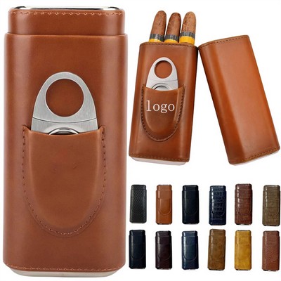 3 Finger Leather Cigar Case With Silver Stainless cutter