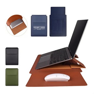 15.4" PU Leather Laptop Sleeve with Built-in Stand for Versatile Use