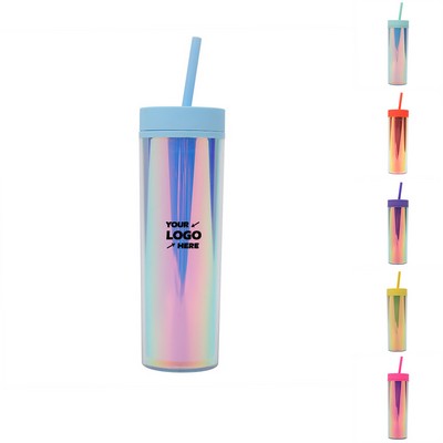 Iridescent Skinny Plastic Tumbler With Straw