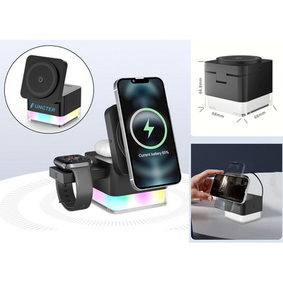 Magnetic 3 in 1 Wireless Charging Station Travel Charger For Multiple Devices W/Colorful Light