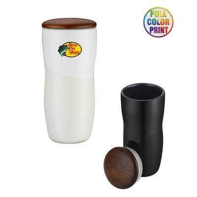 Union Printed - 12oz Double Wall Shiny Ceramic Tumbler w/ Wood lid - Full Color