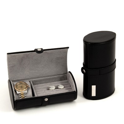 Black Leather Travel Watch & Cufflink Case