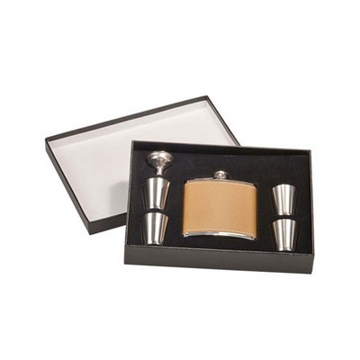 6 Oz. Light Brown Leather Flask Set w/Gift Box