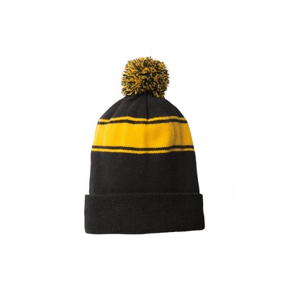 Classic Knit Stripe Beanie w/Pom, Black/Gold