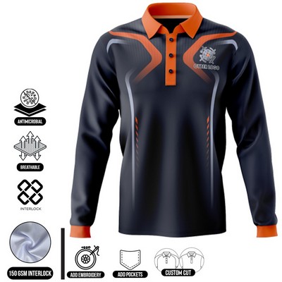 Full Sublimation Long Sleeve Polo - 1-Way Stretch Performance Interlock - Men's, Women's, Kids'