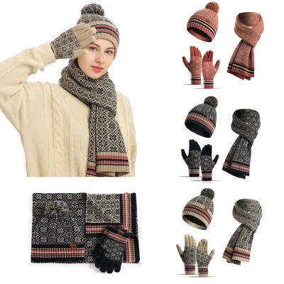 Knitted Scarf Gloves Beanie Hat Set