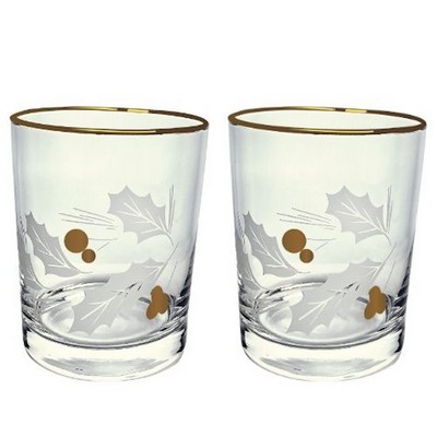 Vintage Satin Etch Holly Leaves & Gold Berries Glasses