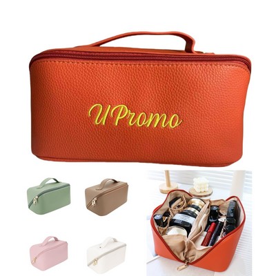 Embroidery PU Leather Travel Cosmetic Bag with Handle