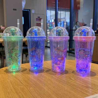 LED Light-Up Dinosaur Double-Layer PS Straw Cup