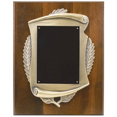 Walnut Step-Edge Plaque, 12" x 15" w/9" x 12-1/2" Metal Scroll Plate