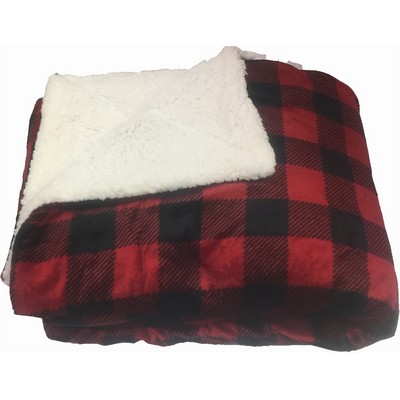 Micro Mink Sherpa Blanket 50"X60" (Embroidered)-- Red Buffalo Plaid - ON DISCOUNT