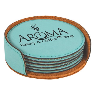 Teal Leatherette Round 6-Coaster Set